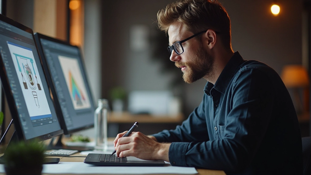 Professionele ontwerper gebruikt Adobe Illustrator voor vector graphics en logo design creatie